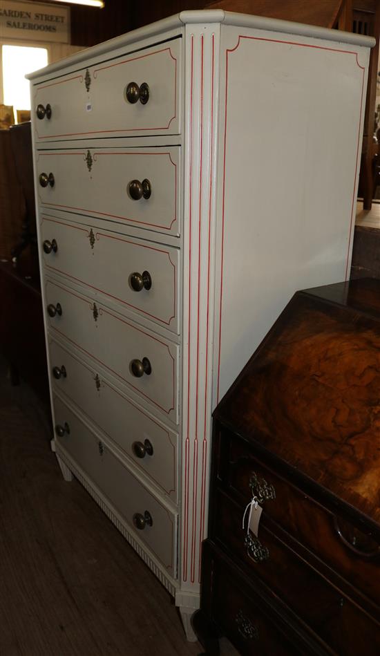 Continental cream-painted chest, with six long drawers and brass knob handles